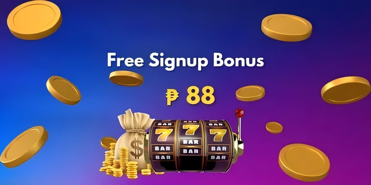Glossy casino banner with a slot machine showing triple sevens, a money bag and gold coins, headlined as a free signup bonus of 88 pesos