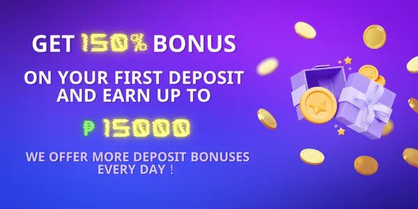 Purple bonus banner stacked with 3D gold coins, advertising a 150 percent first deposit boost worth up to 15,000 pesos