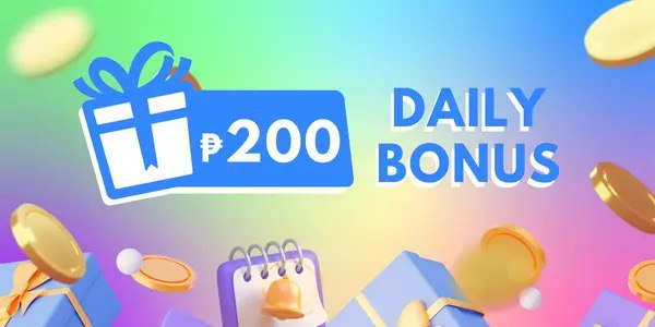 Pastel daily bonus banner with a ribboned gift box, golden coins and a calendar bell, offering 200 pesos every day